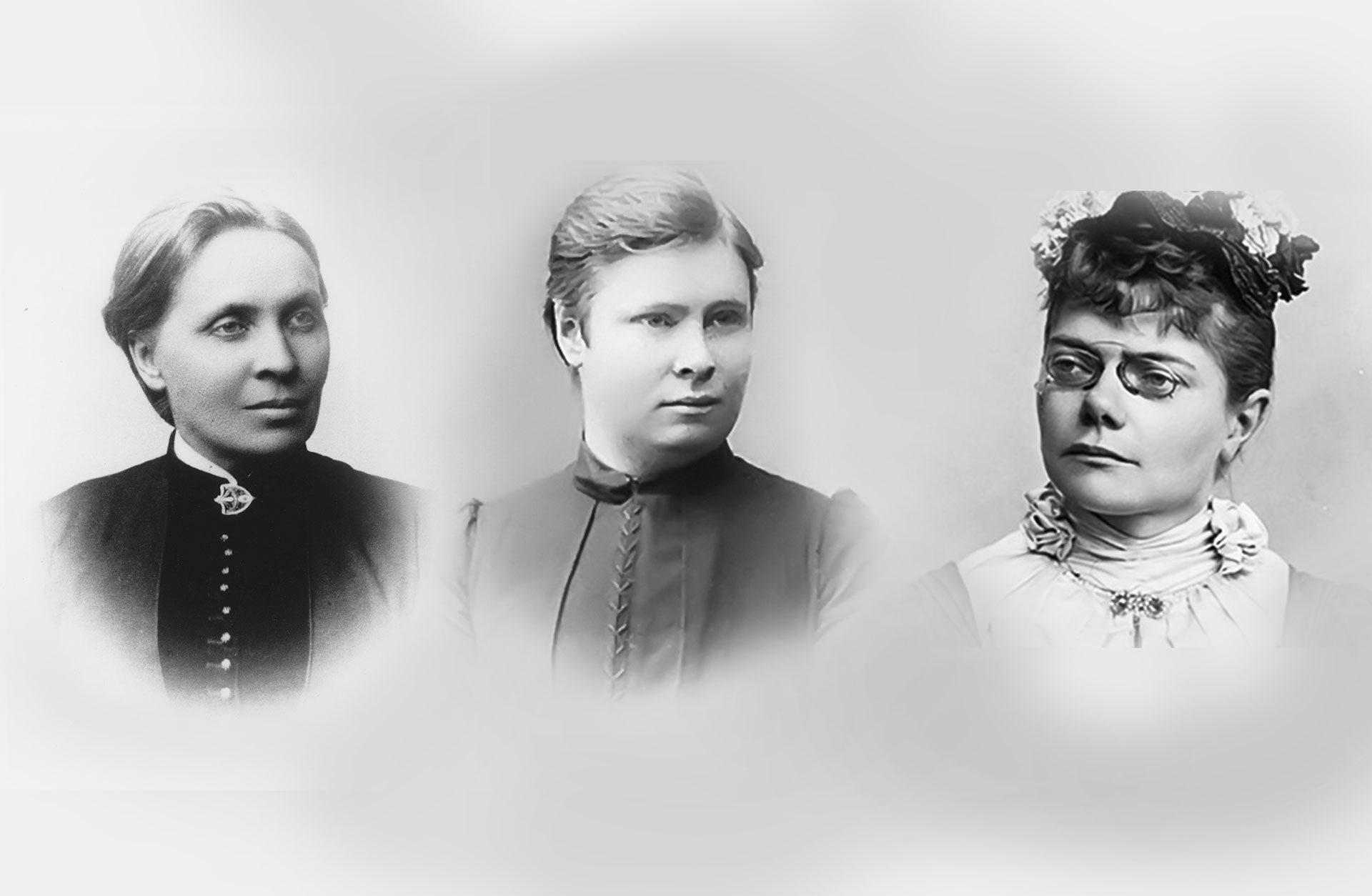 Kollage med svartvita porträtt av Elfrida Andrée, Ida Moberg och Valborgs Aulin