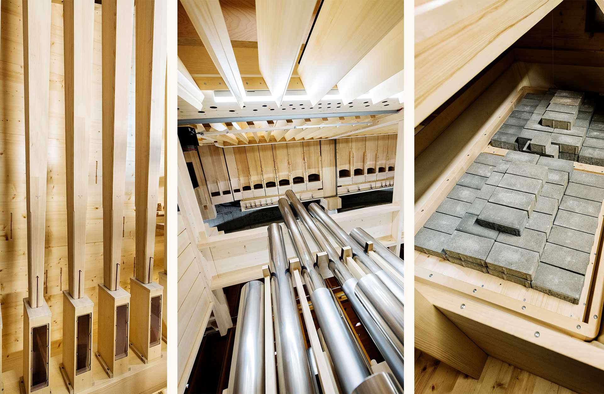 Detaljer i ljust trä och betong innifrån orgeln