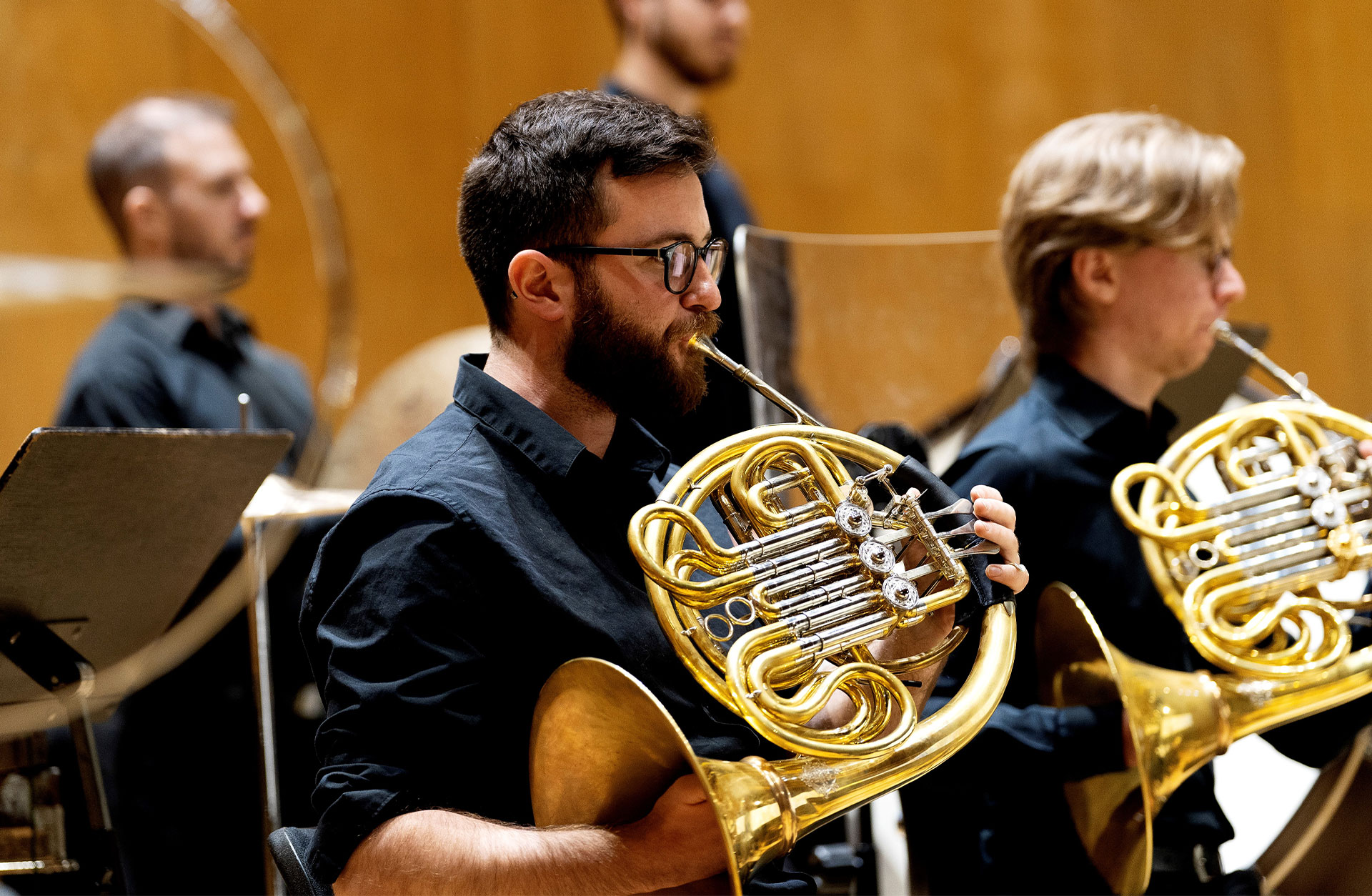 En man i svart hår och skägg spelar horn i orkestern.