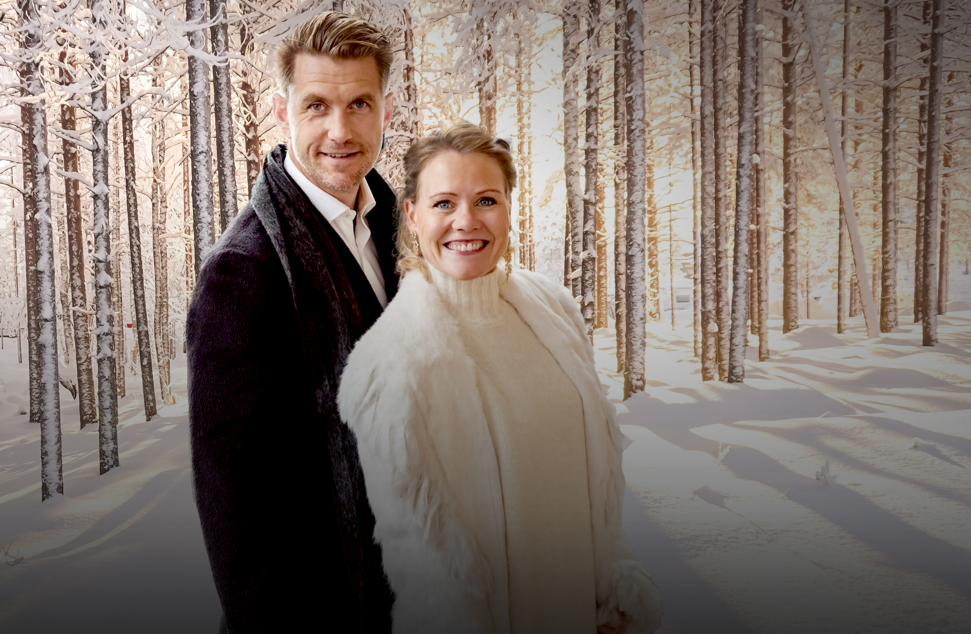 bild på en kvinna i vitt och en man i svart, men en vinter bakgrund