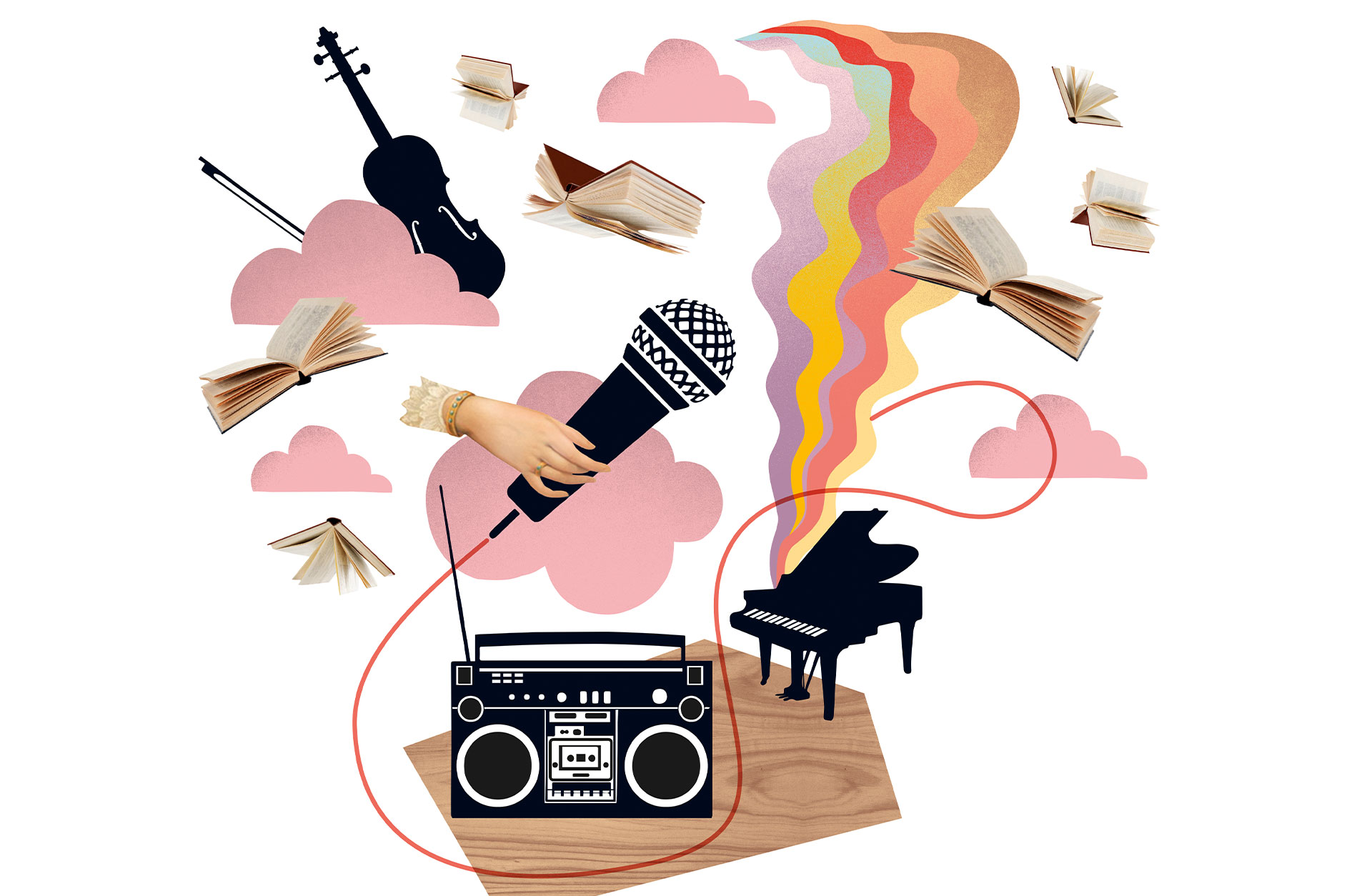 Illustration med en gammal bandspelare i centrum och instrument som flyger runt tillsammans med böcker i luften en hand håller en mikrofon.