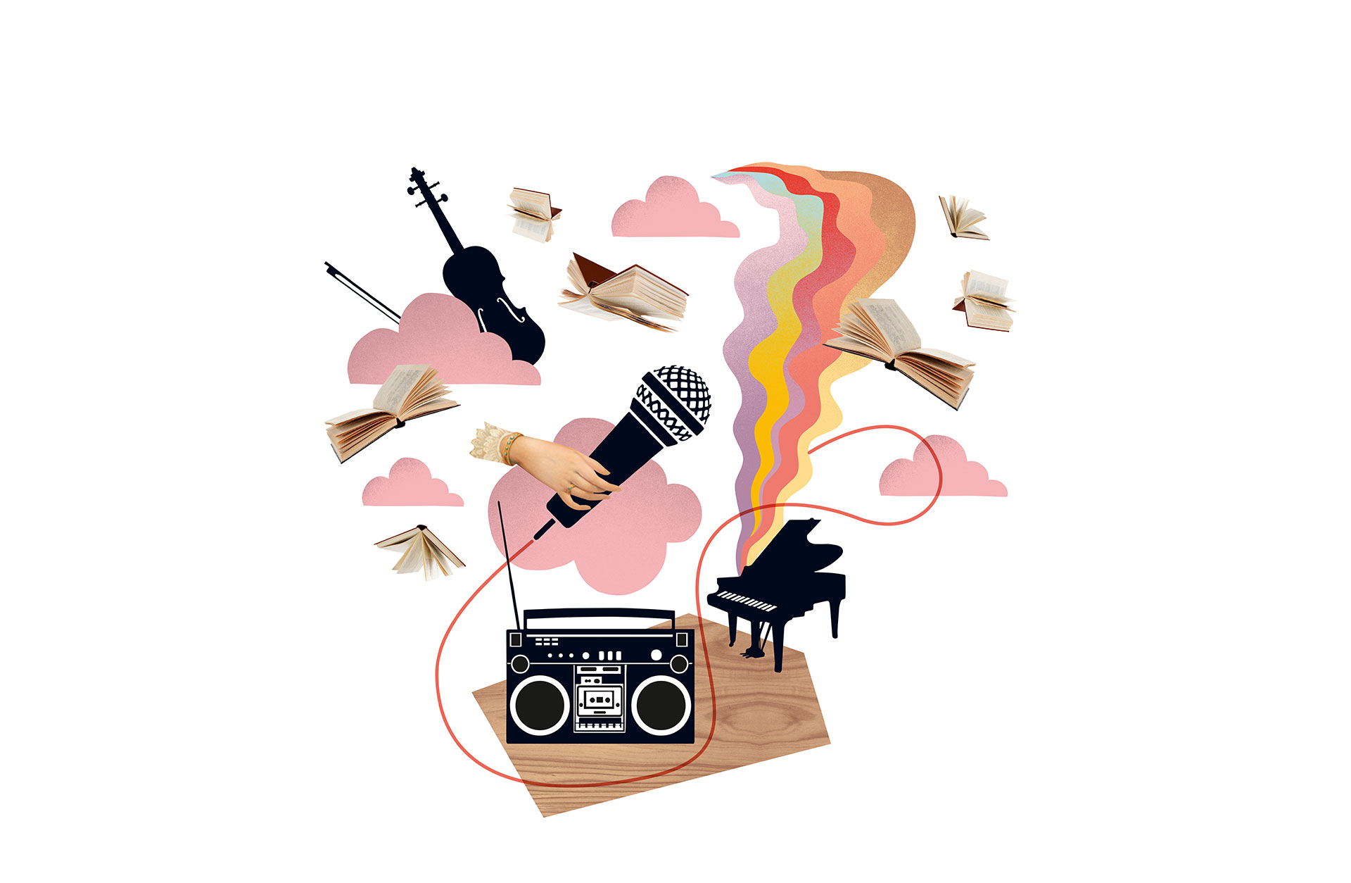 Illustration med en gammal bandspelare i centrum och instrument som flyger runt tillsammans med böcker i luften en hand håller en mikrofon.