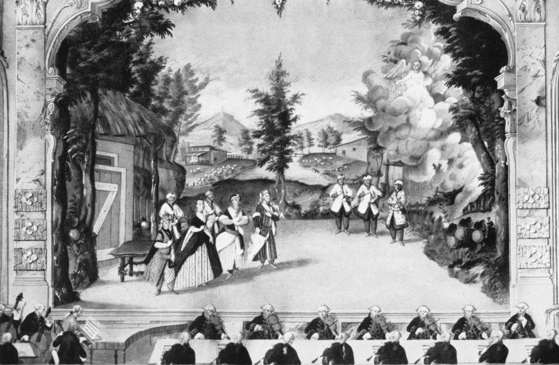 En svartvid bild (målning) av en operauppsättning där Joseph Haydn spelar i orkestern.