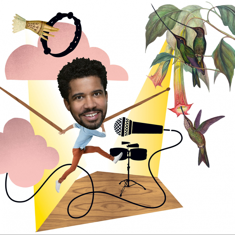 Bildkollage med blommor, instrument, en mikrofon och Yankho Kamwndo.