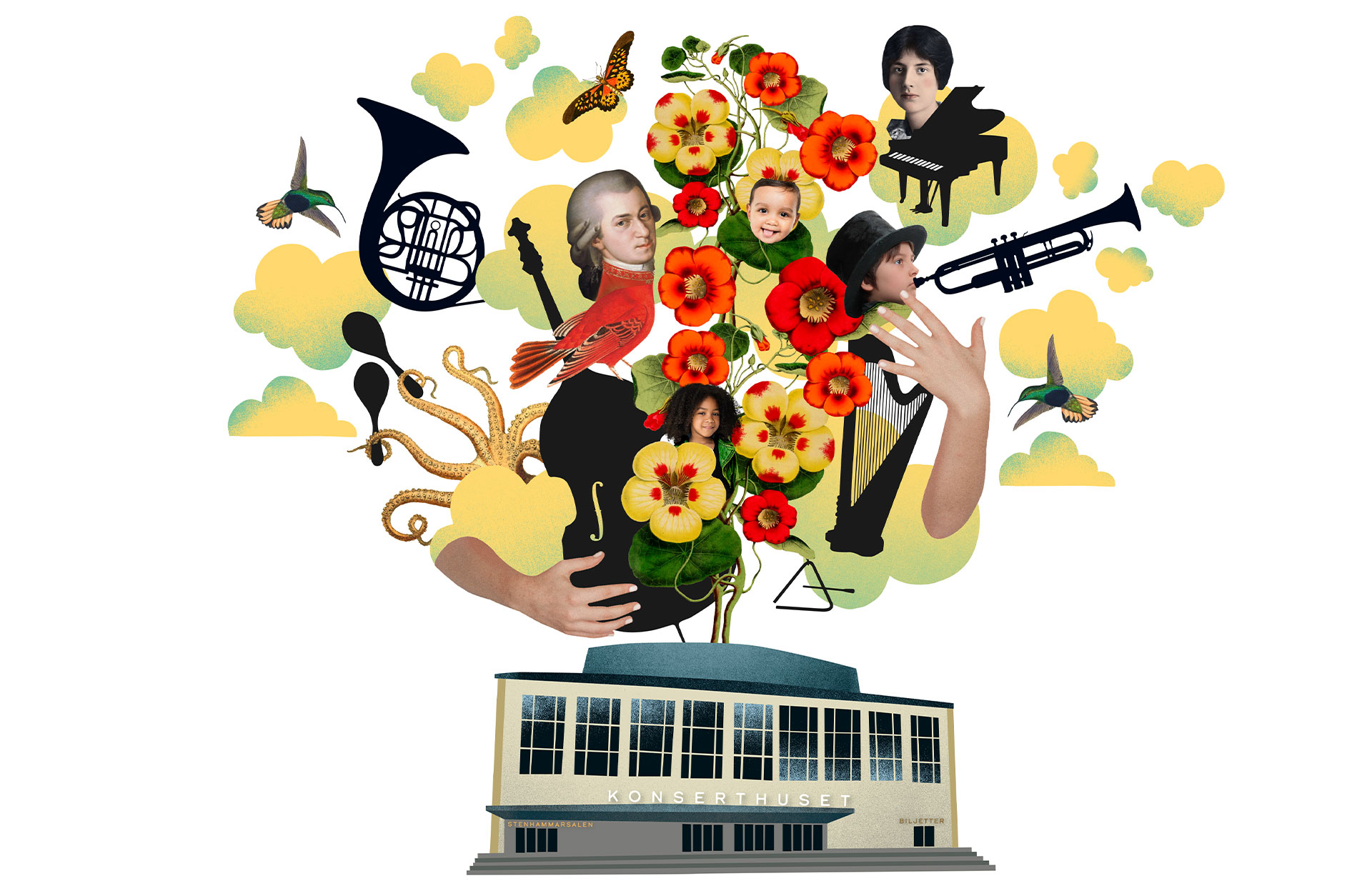 Bildkollage där blommor, instrument tonsättare och människor väller ur Konserthusets tak.