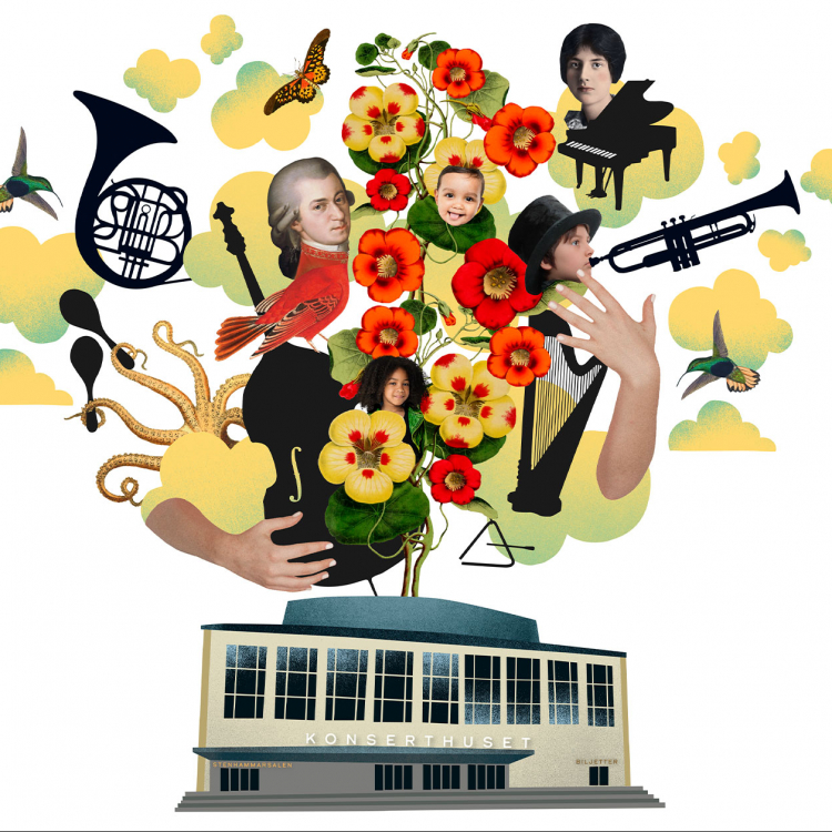 Bildkollage där blommor, instrument tonsättare och människor väller ur Konserthusets tak.