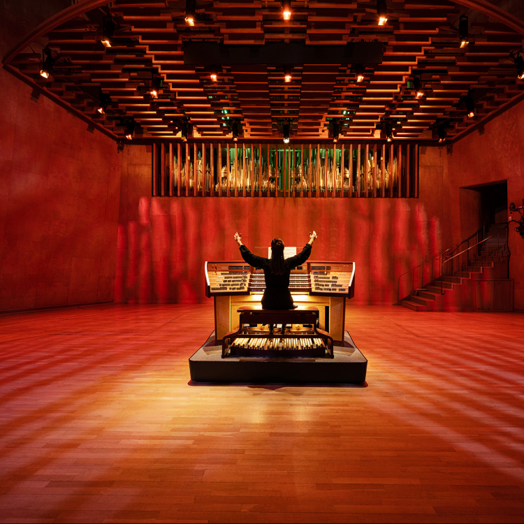 Organist syns bakifrån med händerna utsträckta i luften sittandes vid instrumentet. Salen är ljusatt i rött och gult.