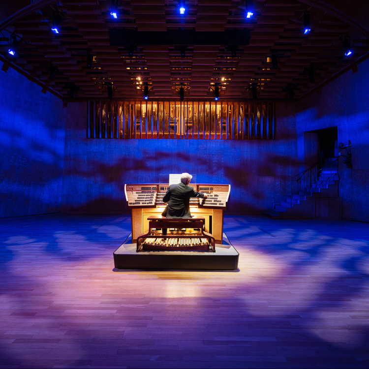 Man spelar orgel mitt på scen i lila ljussken. Man ser honom bakifrån i gult ljus.