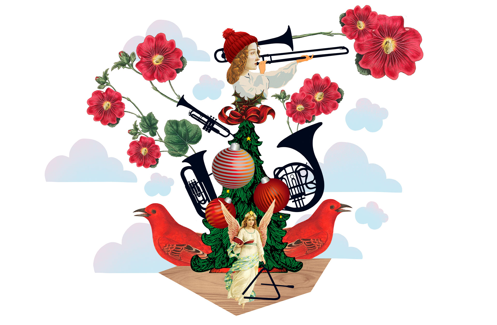 Bildkollage med blommor, instrument, en ängel och en julgran.