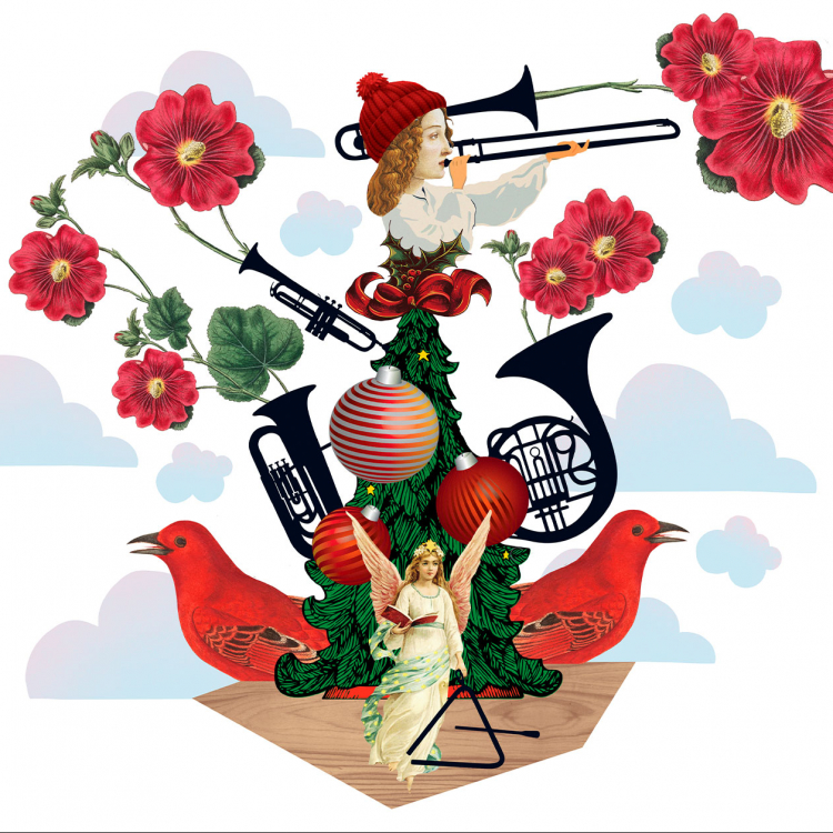 Bildkollage med blommor, instrument, en ängel och en julgran.