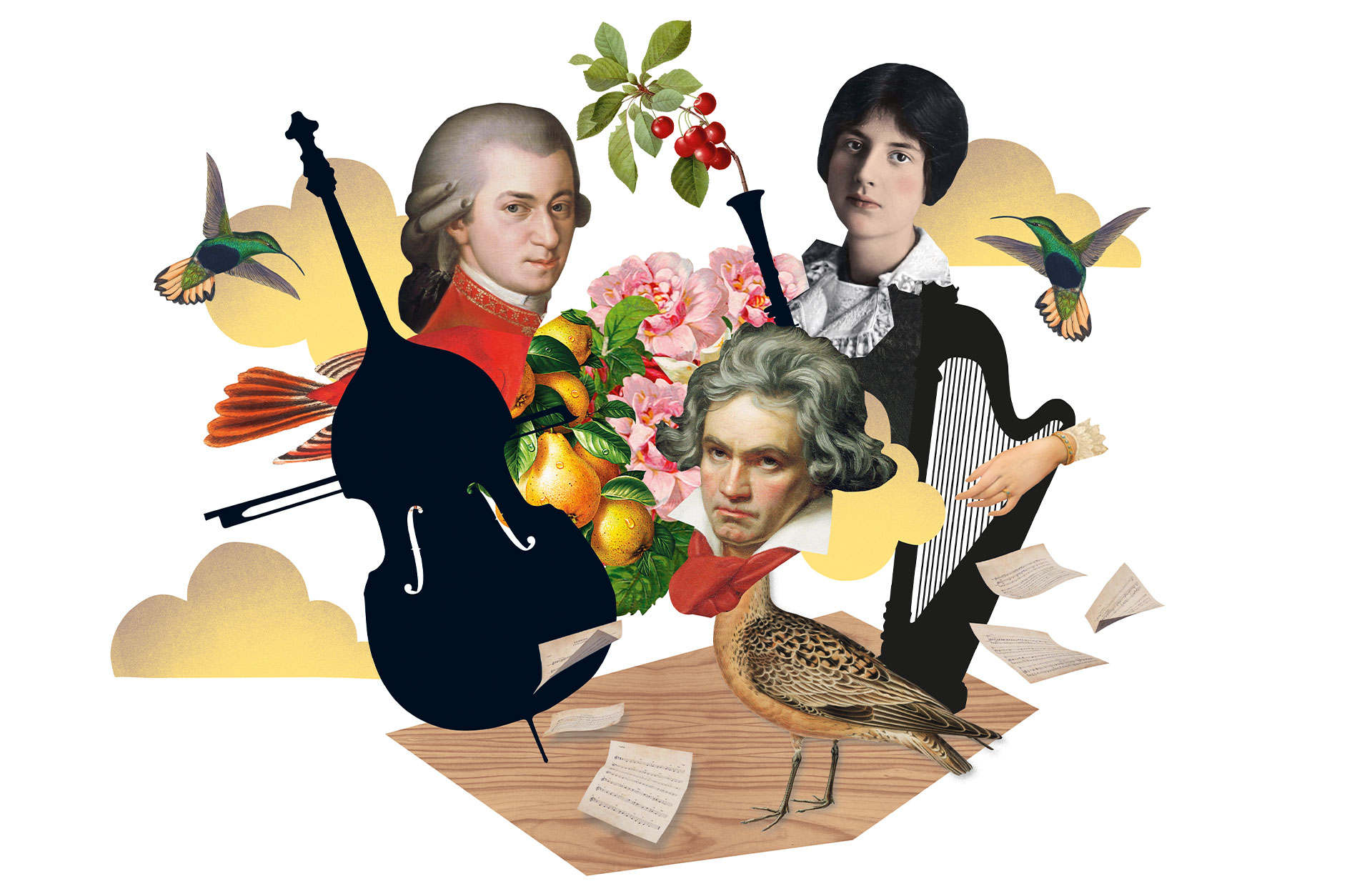 Bildkollage med blommor, instrument och de tre kompositörerna Mozart, Beethoven och Lili Boulanger.