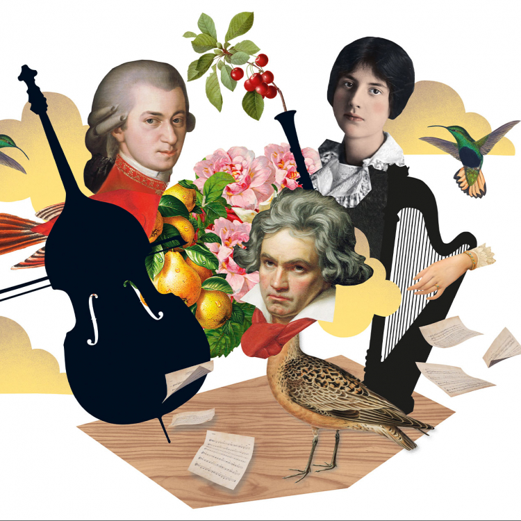 Bildkollage med blommor, instrument och de tre kompositörerna Mozart, Beethoven och Lili Boulanger.