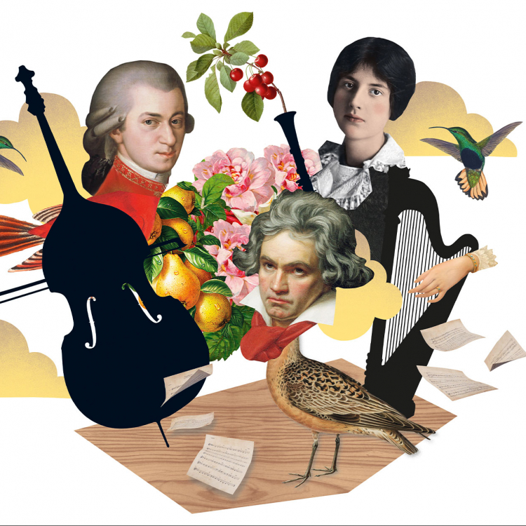 Bildkollage med blommor, instrument och de tre kompositörerna Mozart, Beethoven och Lili Boulanger.