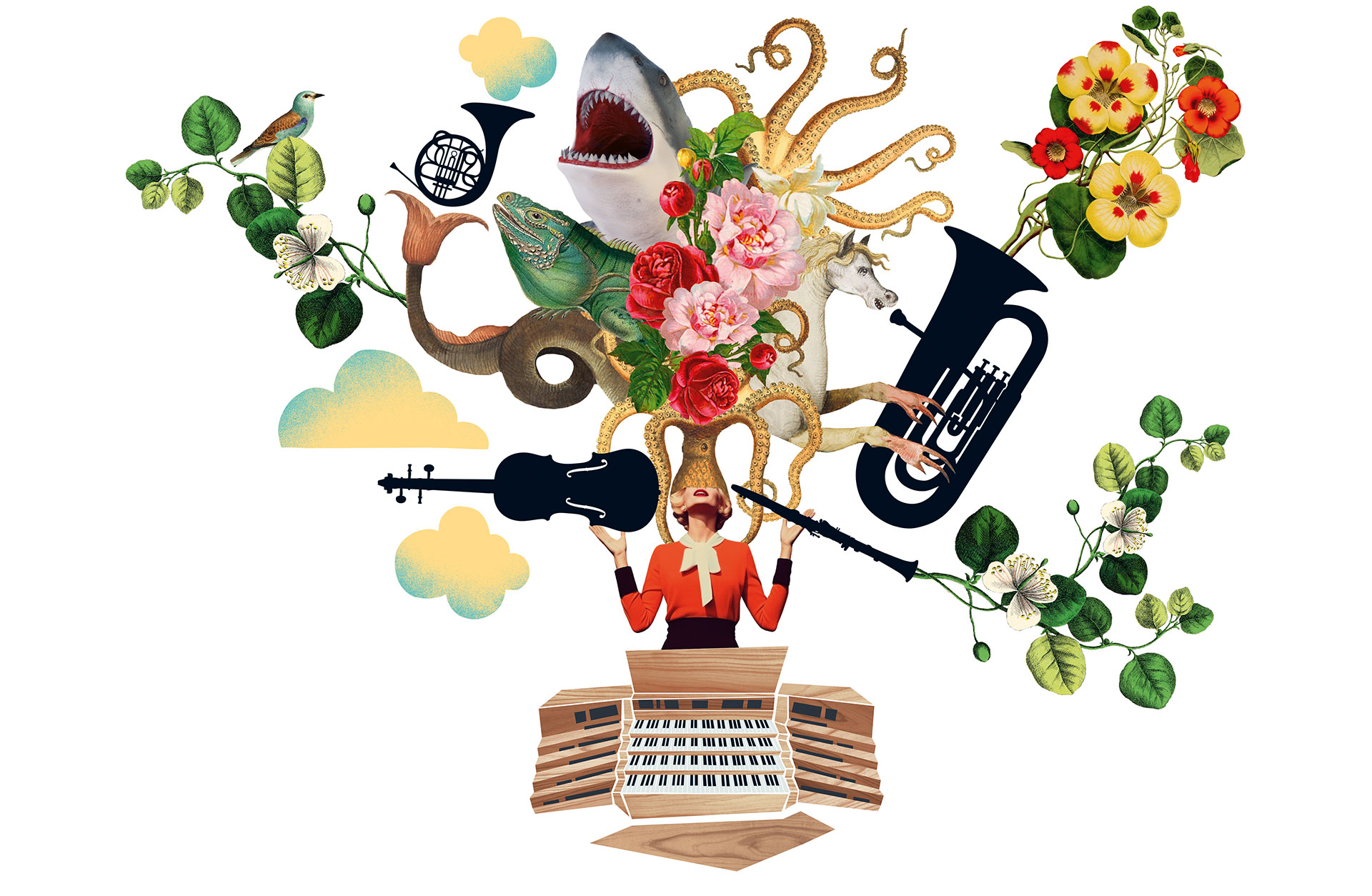 Bildkollage med blommor, instrument och djur som ser ut att välla ur Konserthusorgelns spelbord.