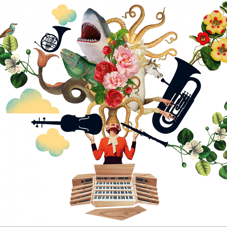 Bildkollage med blommor, instrument och djur som ser ut att välla ur Konserthusorgelns spelbord.