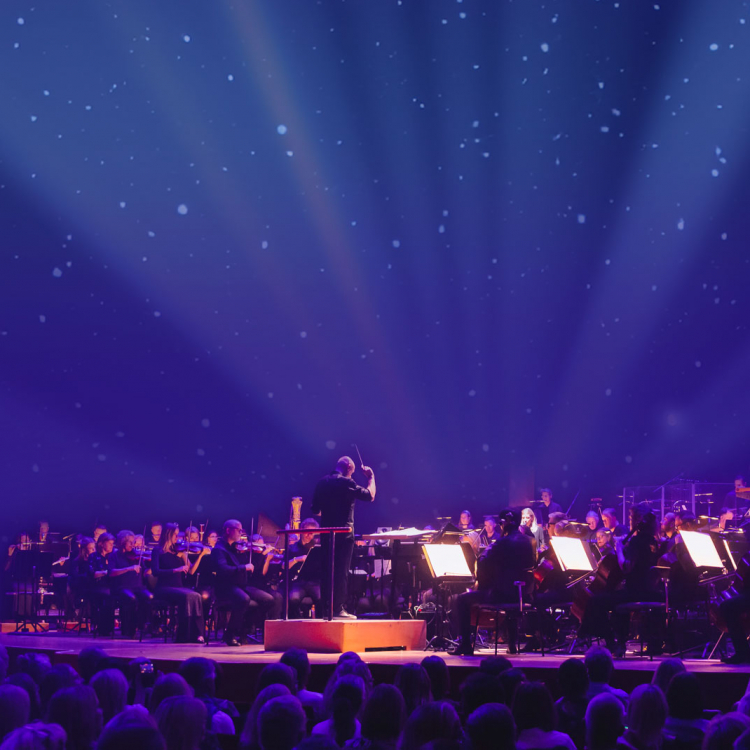 Orkester med blå stjärnhimmel ovanför.