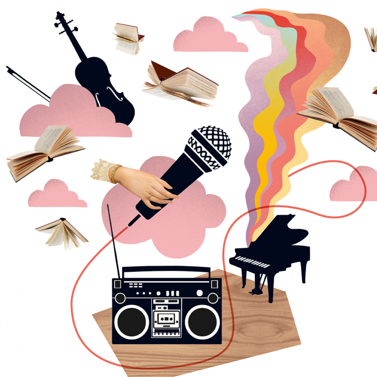 Illustration med en gammal bandspelare i centrum och instrument som flyger runt tillsammans med böcker i luften en hand håller en mikrofon.