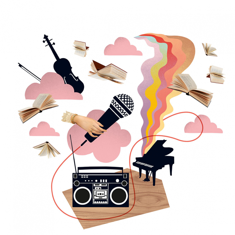 Illustration med en gammal bandspelare i centrum och instrument som flyger runt tillsammans med böcker i luften en hand håller en mikrofon.