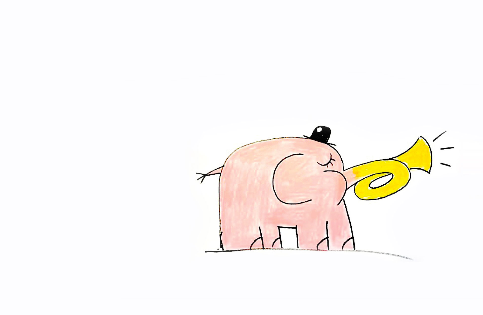 En rosa tecknad elefant med en liten svart hatt påhuvudet blåser i ett gult horn. Bild av Owe Gustafsson .
