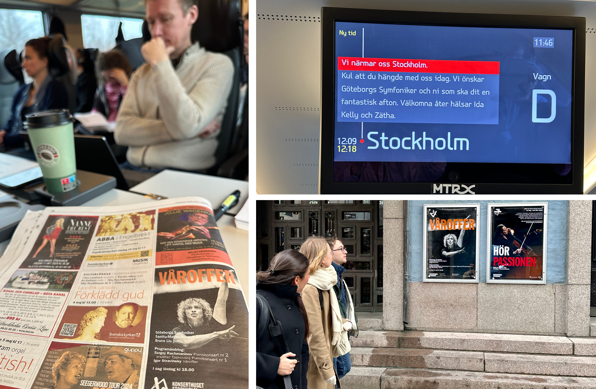 Kollage: bild från tåget där en tidningssida ligger på bordet med en annons på Symfonikernas konsert är synlig. Och musiker på gatan utanför konserthuset.