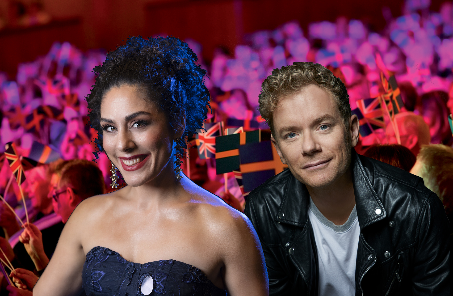 En man och kvinna kollar in i kameran och ler med publik bakom sig som håller i svenska och brittiska flaggan