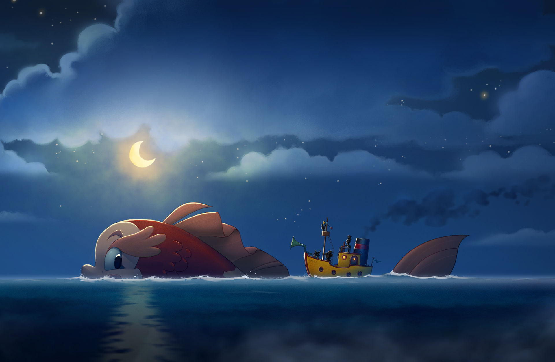 Tecknad bild ur filmen Bamse och havets hemlighet, där en stor fisk drar en båt över havet i månens sken.