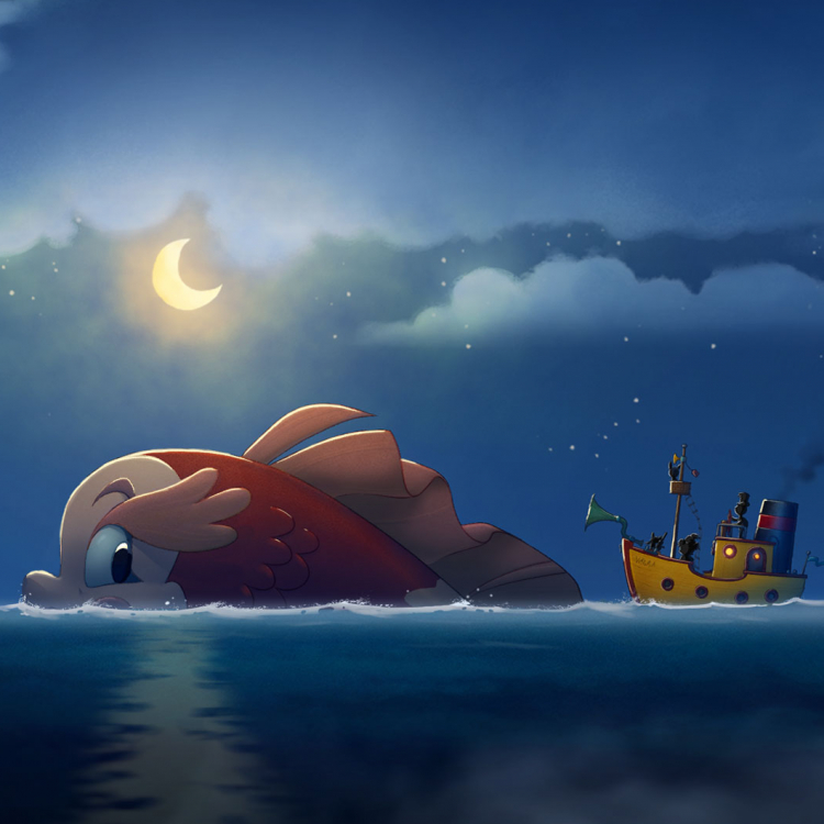 Tecknad bild ur filmen Bamse och havets hemlighet, där en stor fisk drar en båt över havet i månens sken.