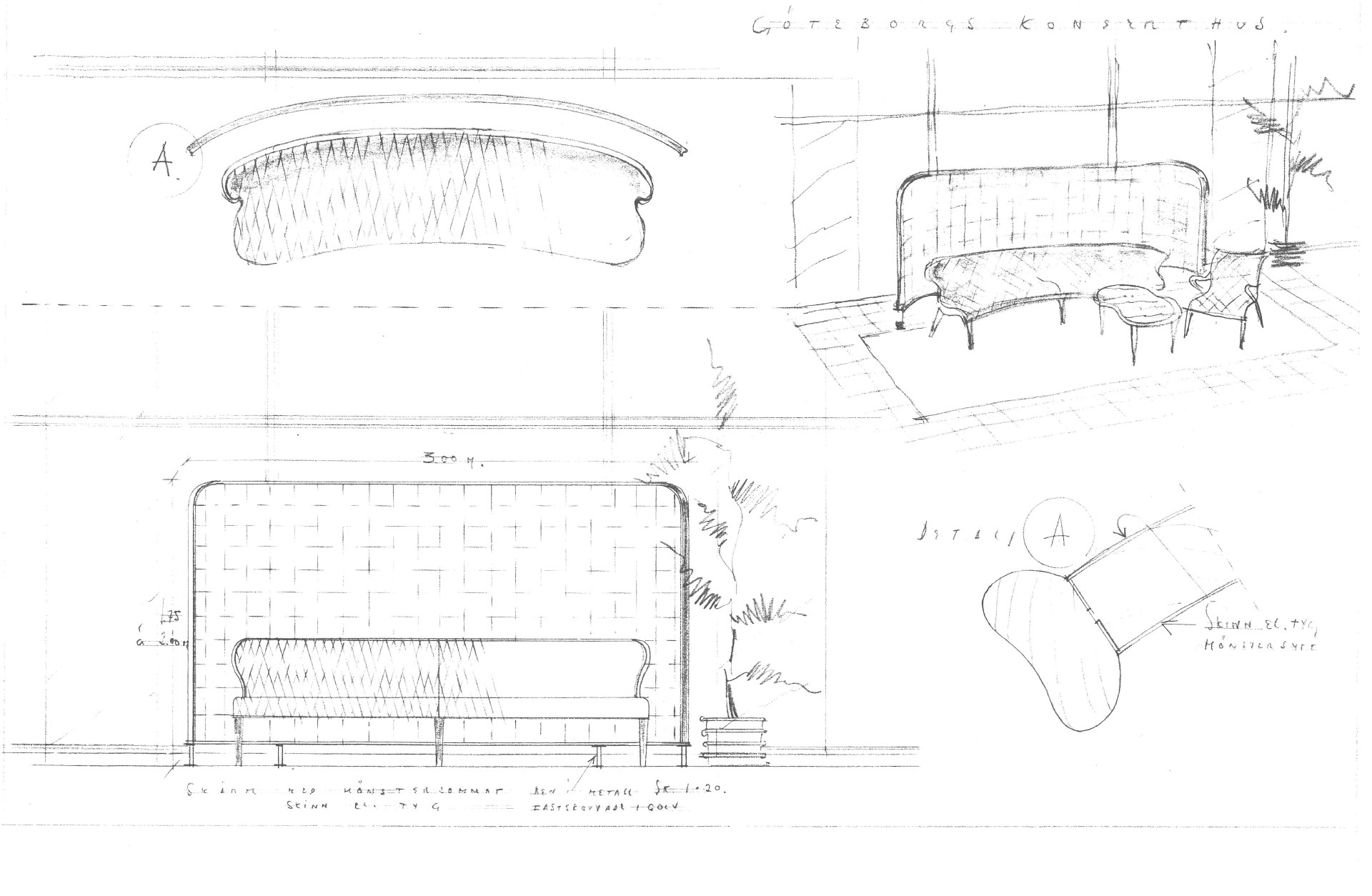 Handritad designskiss av sittgrupp.