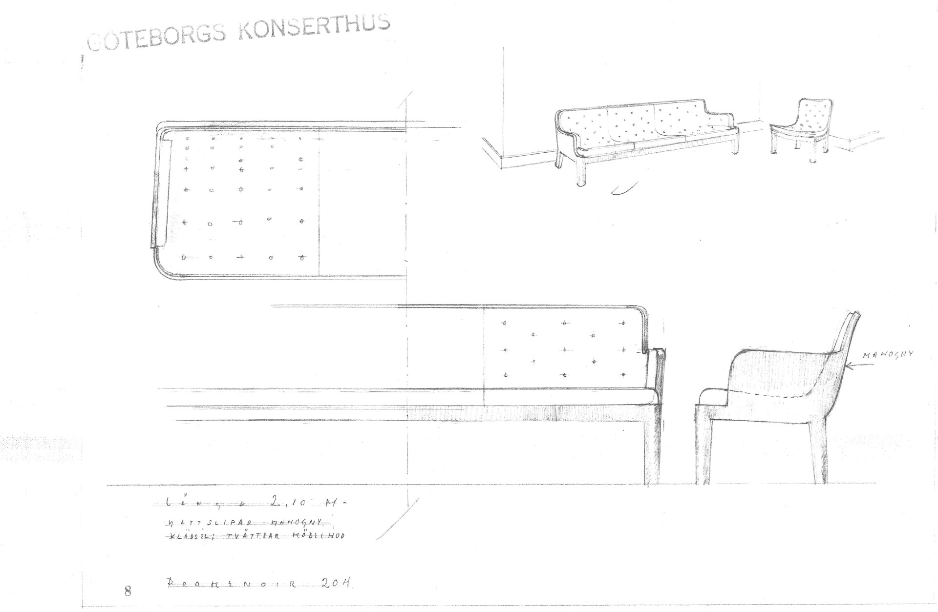 Handritad designskiss av sittgrupp.