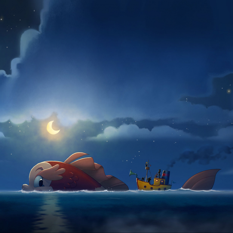 Tecknad bild ur filmen Bamse och havets hemlighet, där en stor fisk drar en båt över havet i månens sken.