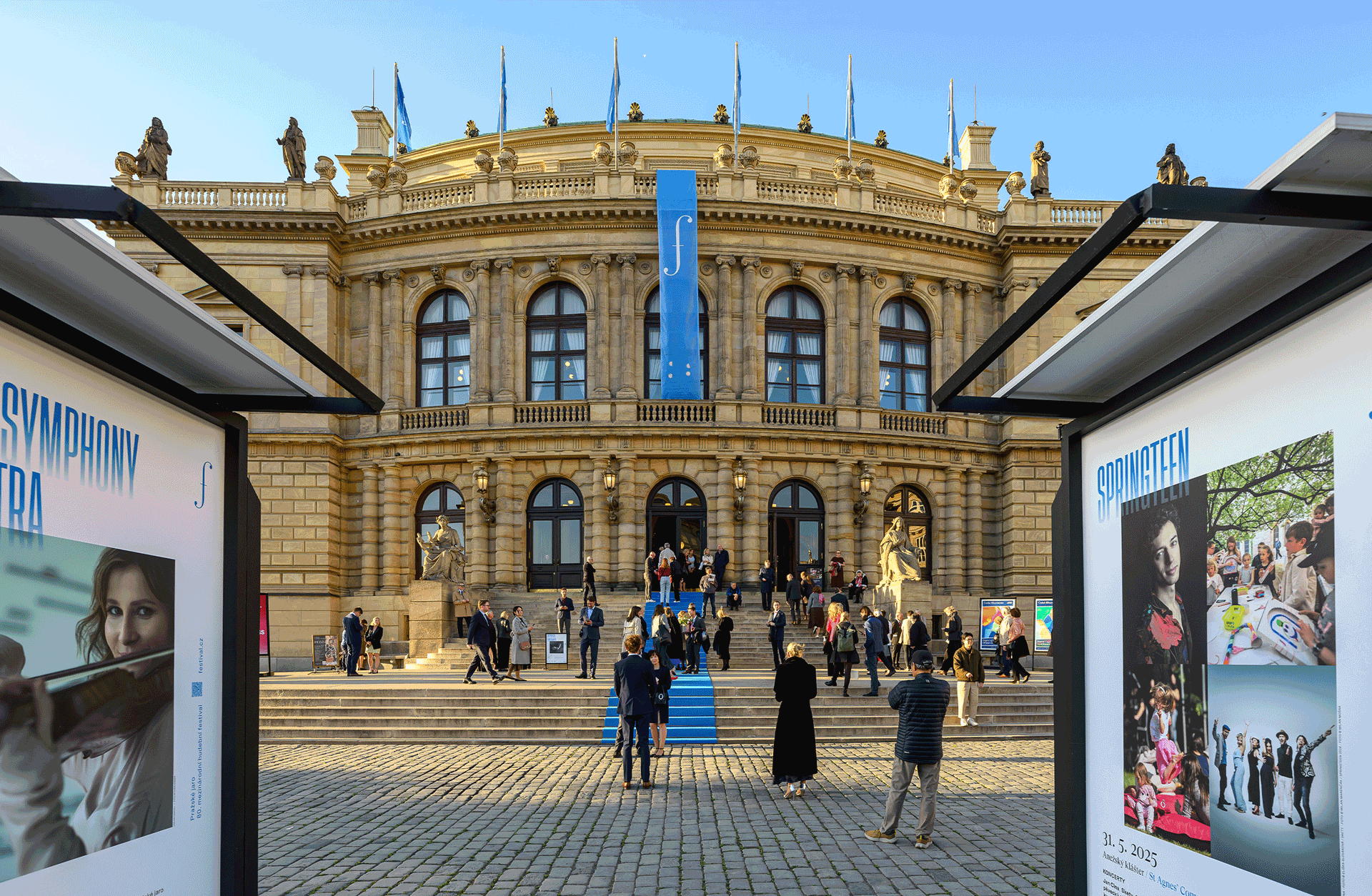 Exteriörbild av konsertlokalen i Prag. En gammal byggnad.