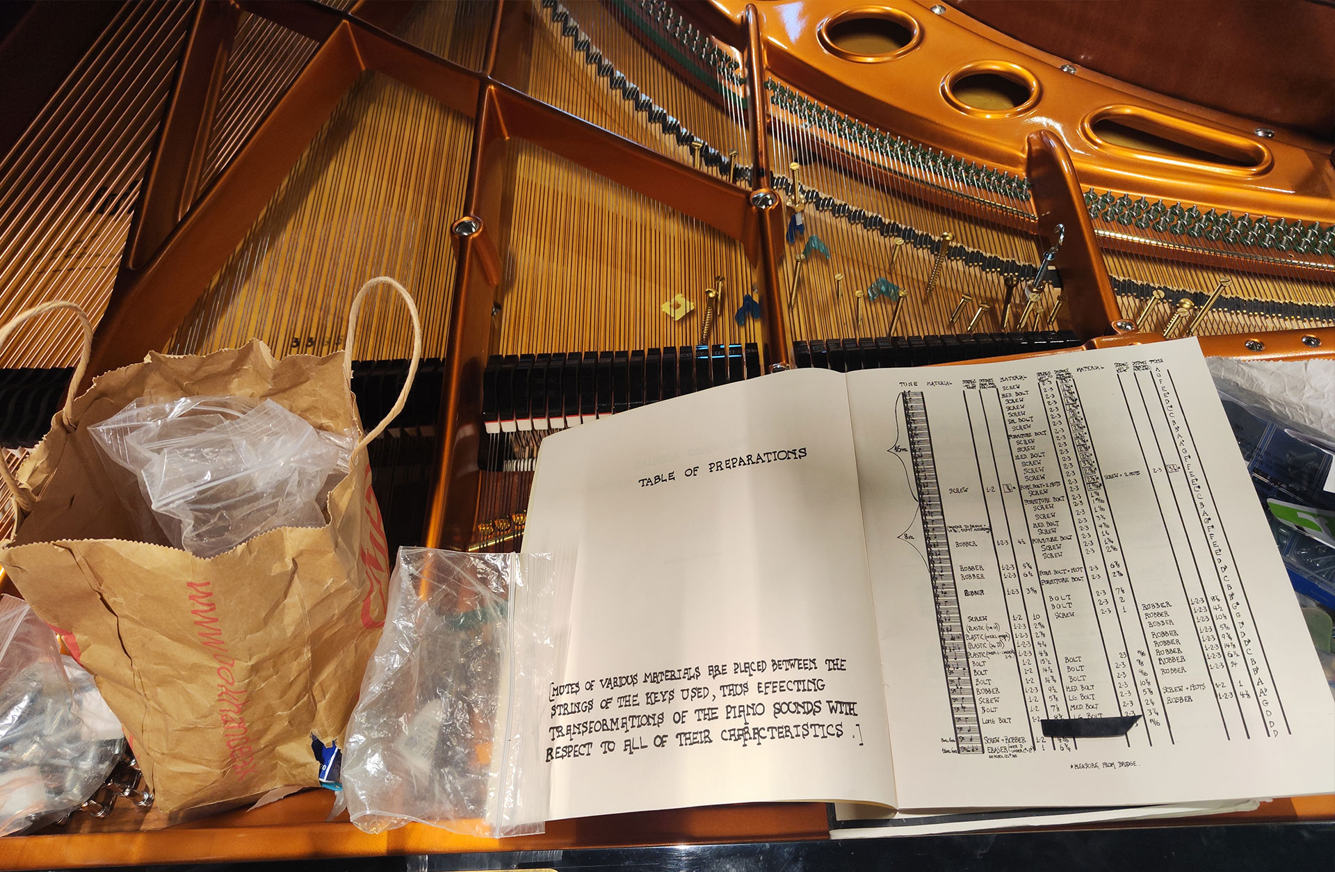 Ett blad med instruktioner ligger på strängarna i en flygel. Där står även en papperspåse med olika små saker.