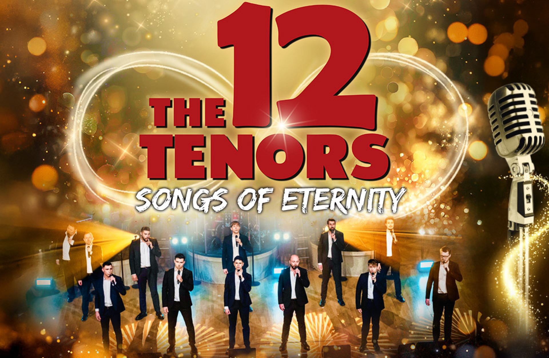 12 killar står på en scen och sjunger i mikrofoner,