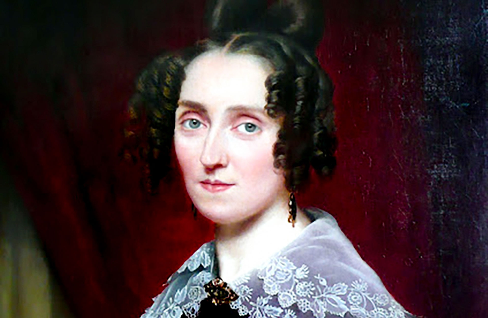 Oljemålning av en dam med uppsatt hår och kråskrage.