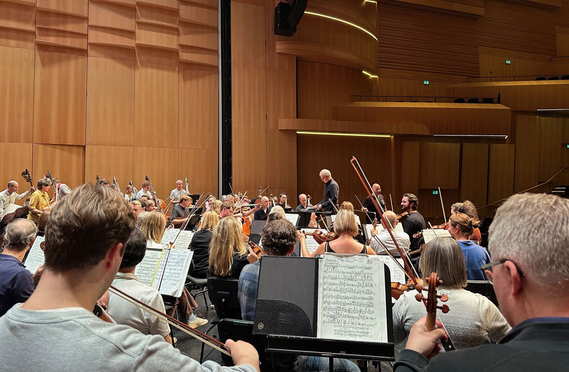 Vy från plats längst bak i orkestern med blicken mot dirigenten.