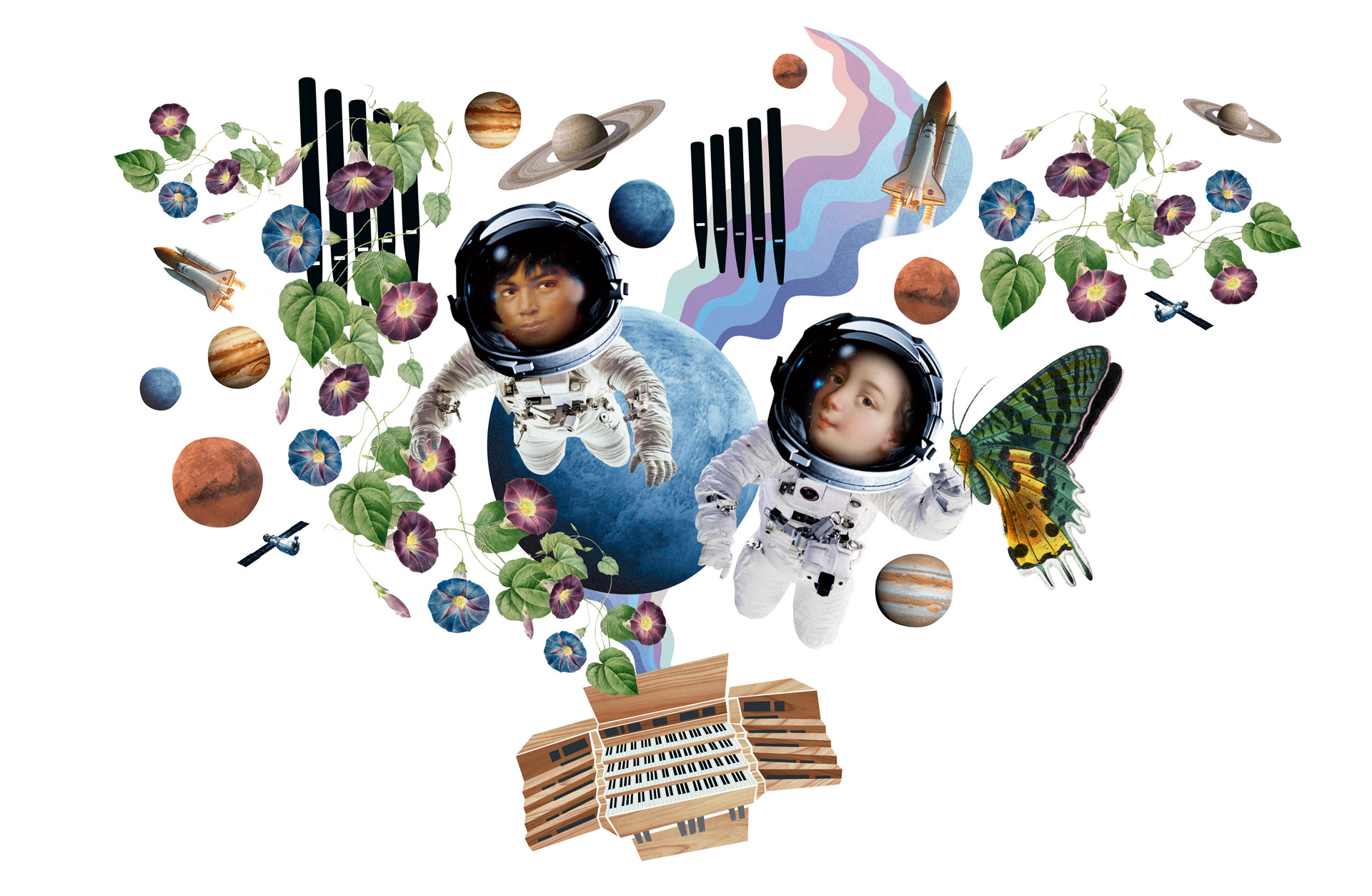 En illustrativ bild där två barn flyger i rymden. På marken står en orgel.