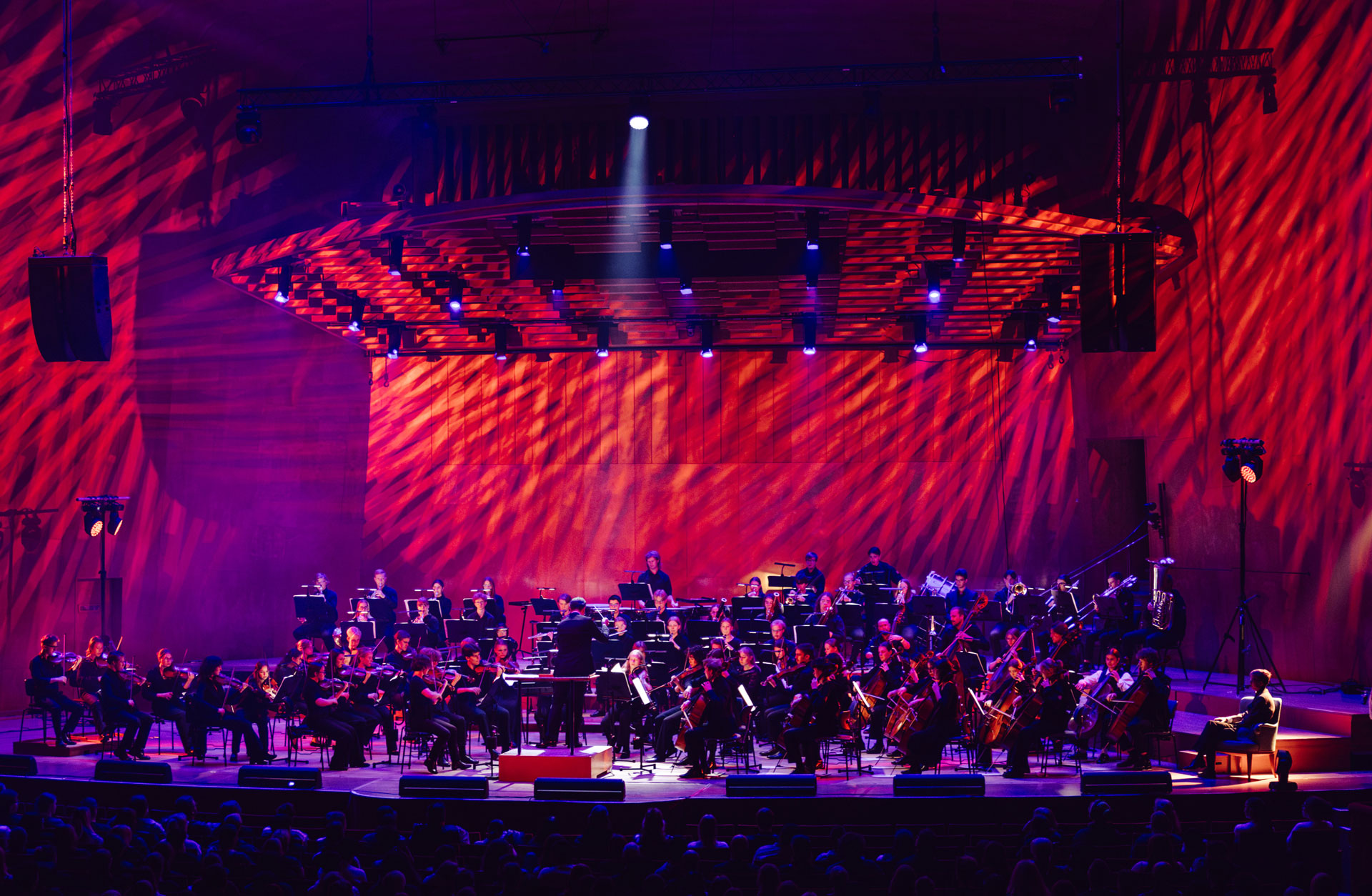 En orkester på en scen. De är belysta av ett rödlila ljus.