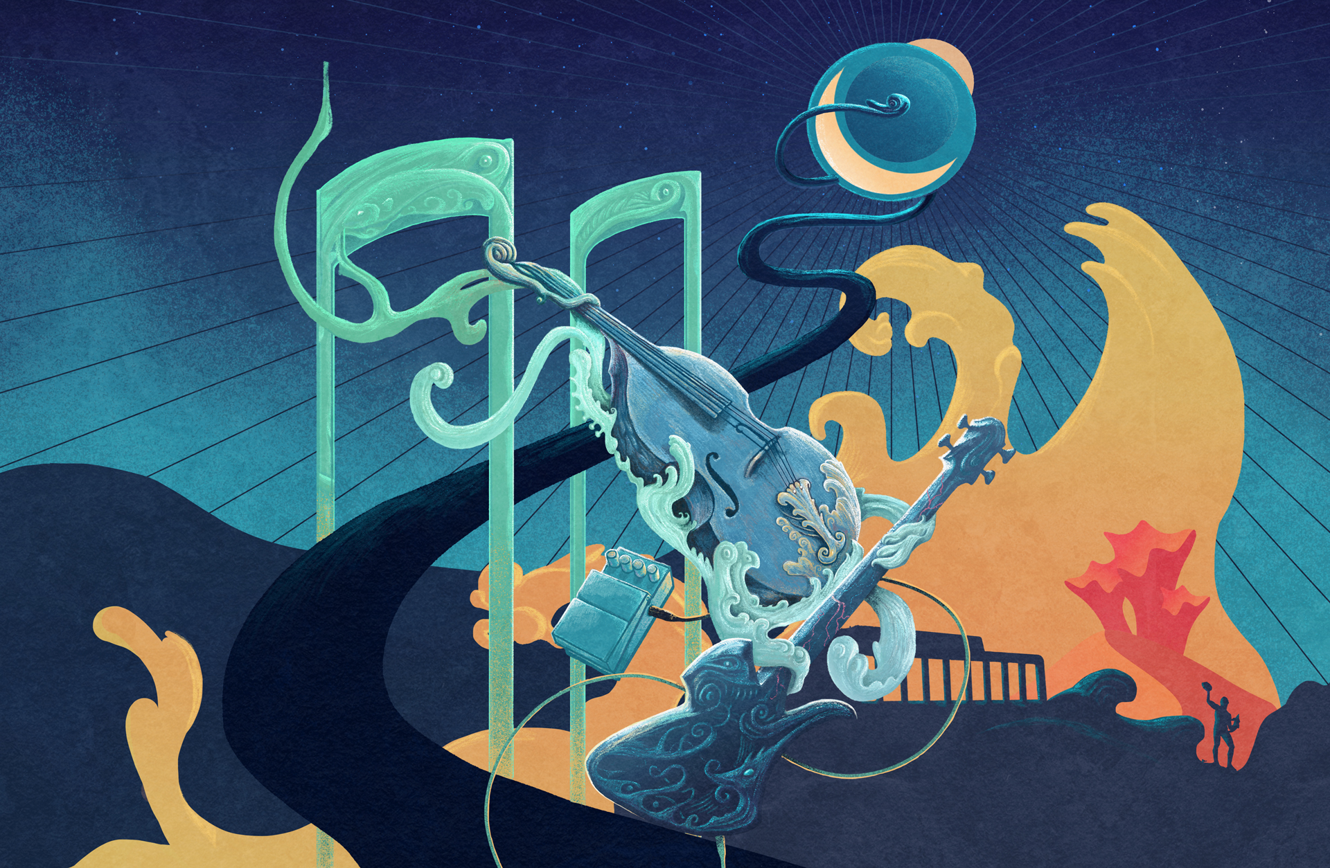 En illustration av en kontrabas och en elgitarr som svävar i ett imaginärt landskap där man kan tolka in Älvsborgsbron, Konserthuset och Poseidon-statyn.