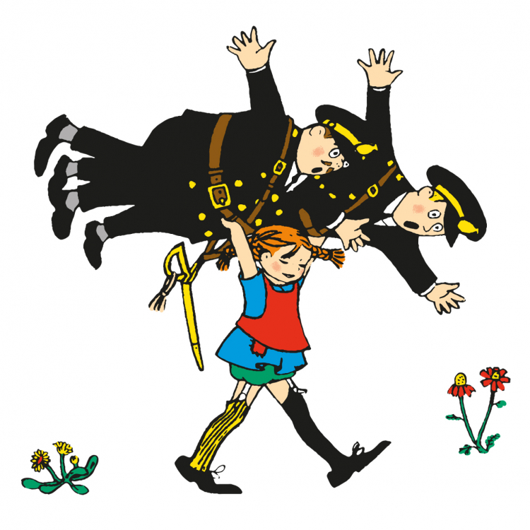 Tecknad bild av Pippi Långstrump promenerar bärandes med två konstaplar på axlarna.