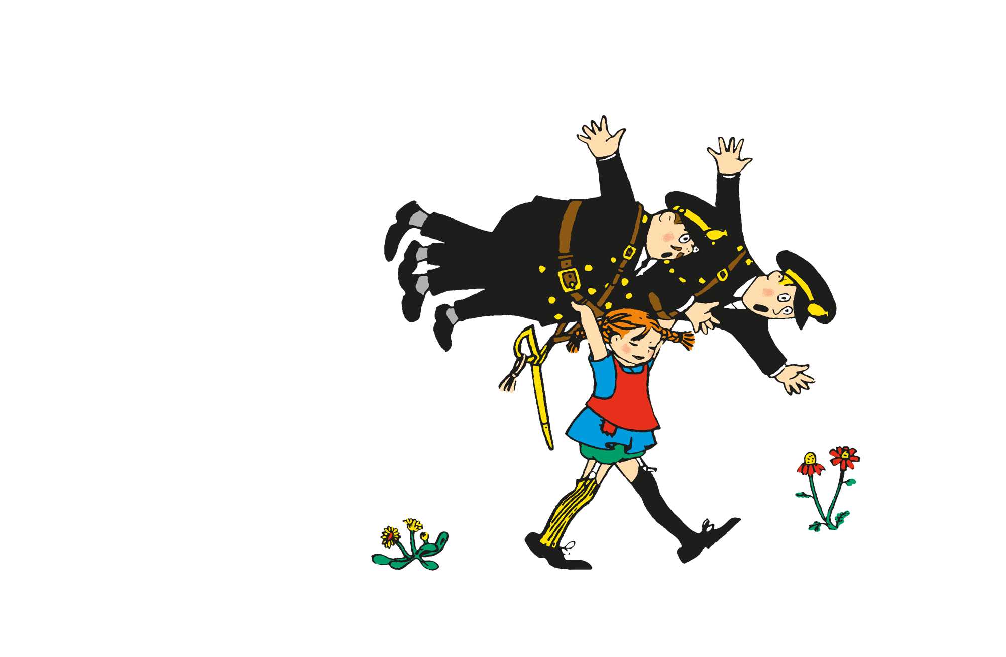 Tecknad bild av Pippi Långstrump promenerar bärandes med två konstaplar på axlarna.