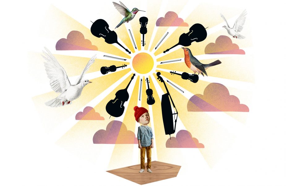 En illustration av ett barn som står på marken under en sol. Från solen strålar instrument.