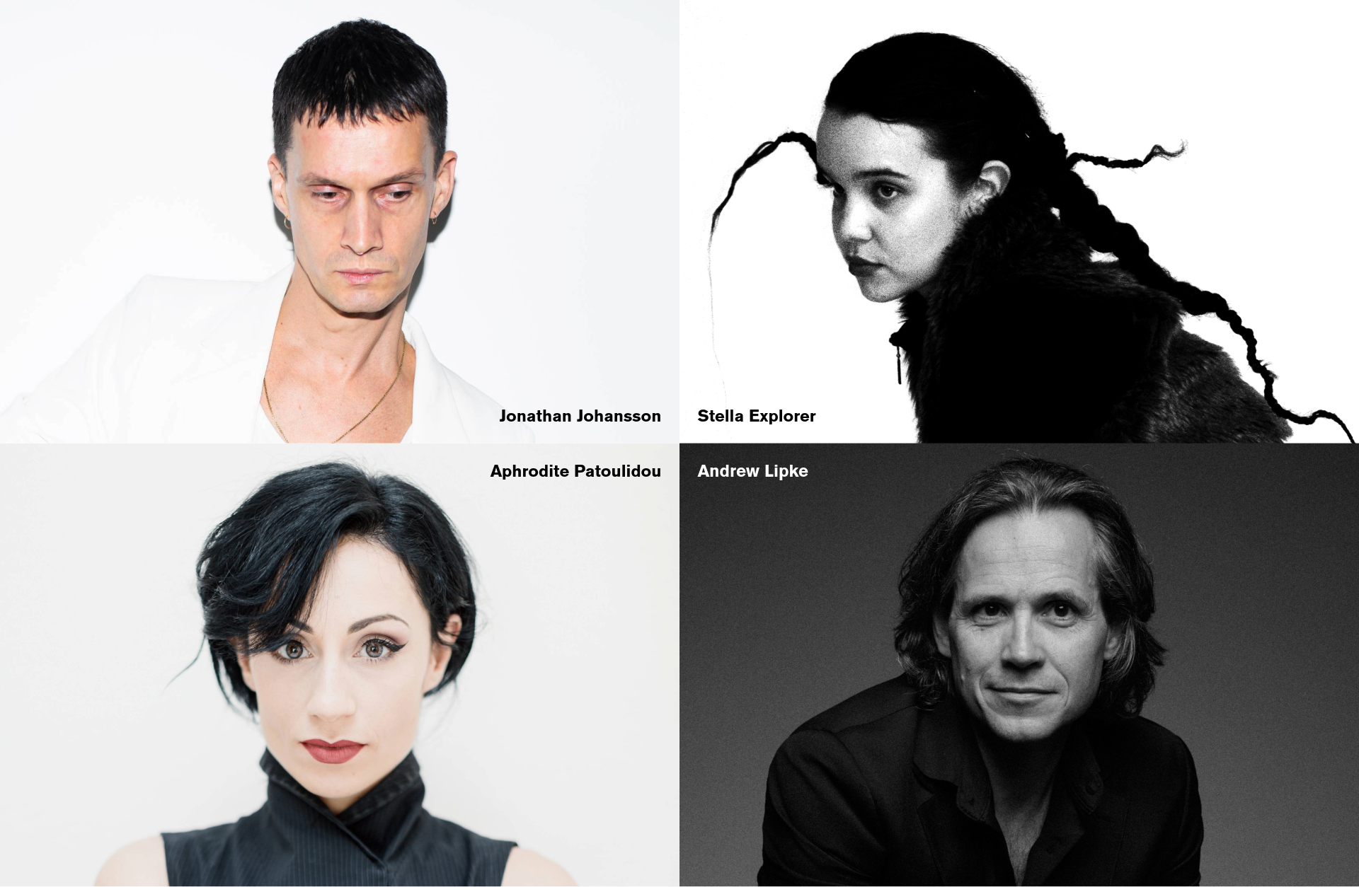 Porträtt på Jonathan Johansson, Stella Explorer, Aphrodite Patoulidou och Andrew Lipke.