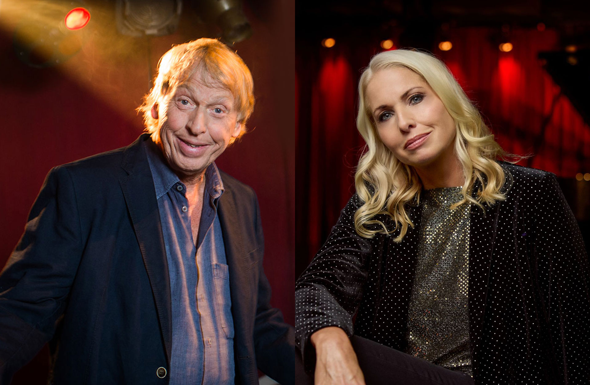 En man och en kvinna i stämningsfullt ljus mot röd bakgrund.