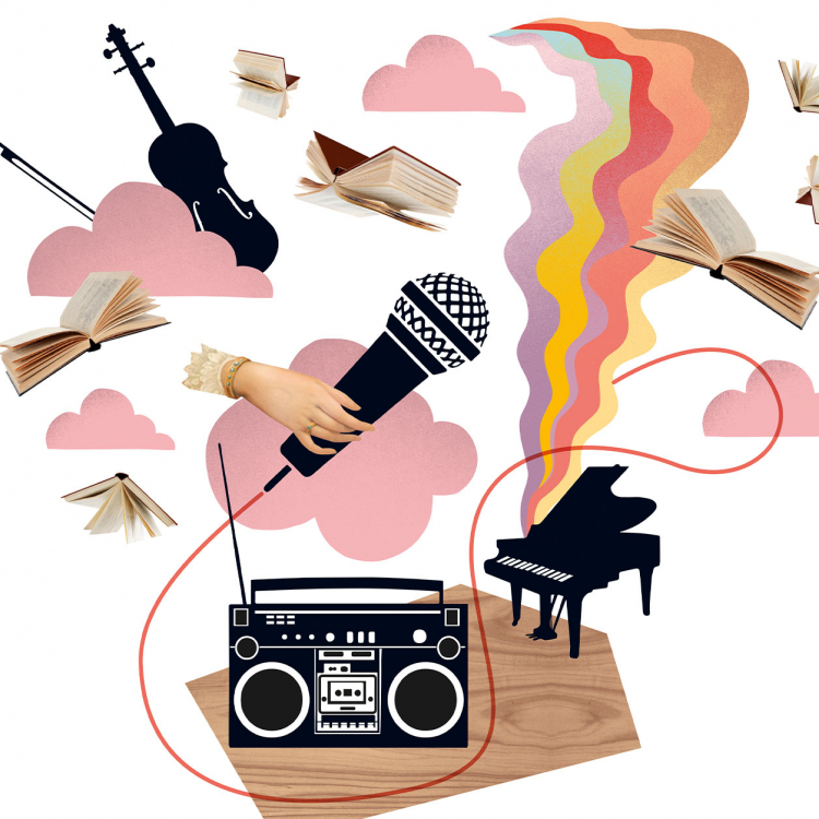 Illustration med en gammal bandspelare i centrum och instrument som flyger runt tillsammans med böcker i luften en hand håller en mikrofon.
