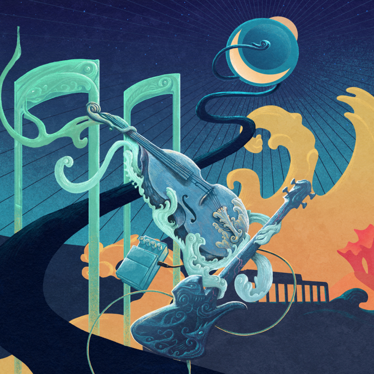 En illustration av en kontrabas och en elgitarr som svävar i ett imaginärt landskap där man kan tolka in Älvsborgsbron, Konserthuset och Poseidon-statyn.