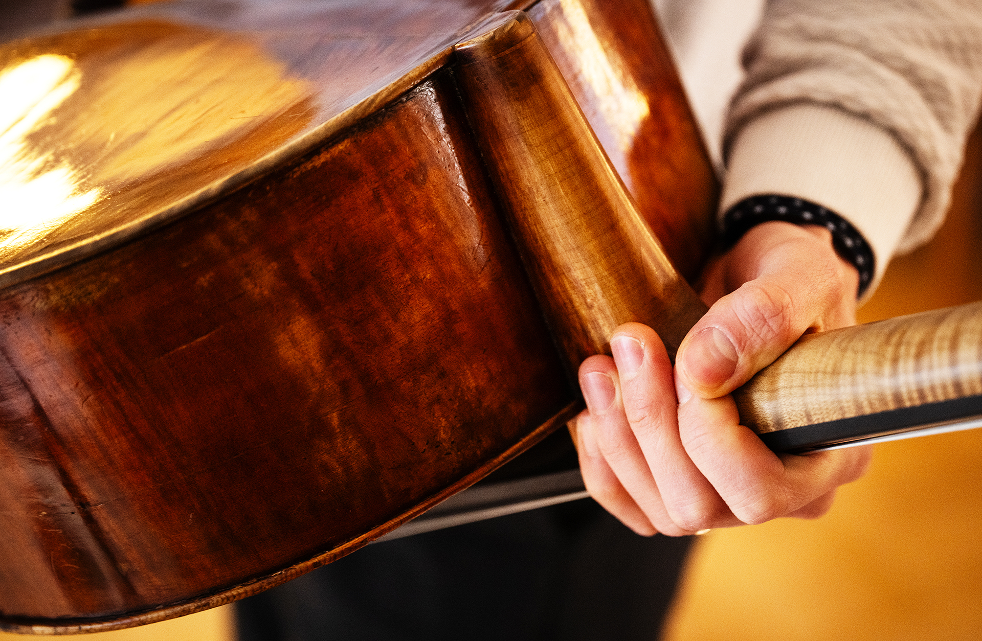 Närbild på träet på baksidan av en cello.