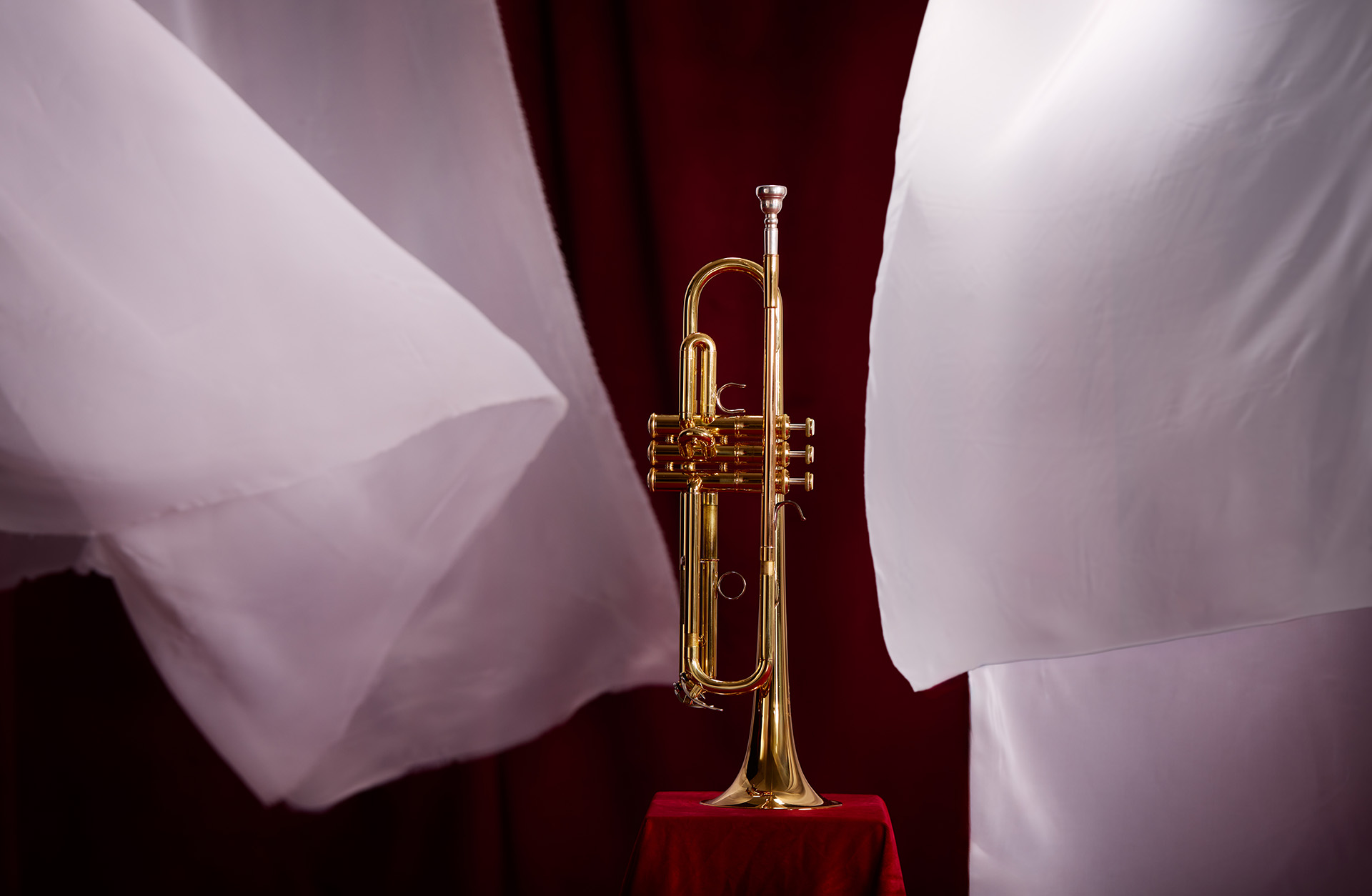 En trumpet på en röd sammetspedestal
