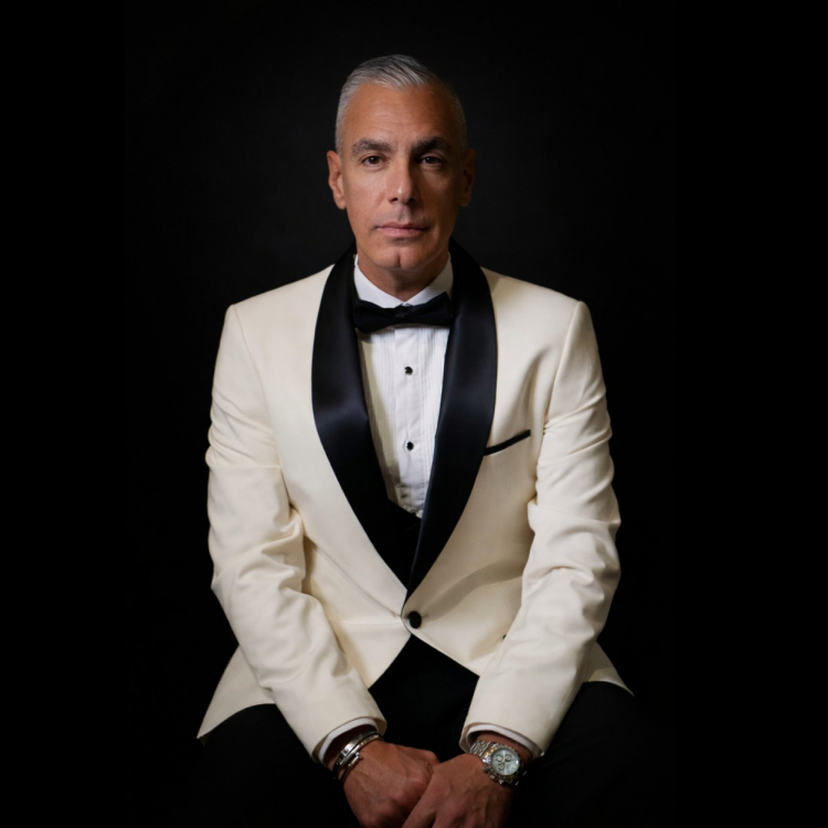 En man sitter framför en svart vägg, han har en vit skjorta, svart fluga och en vit kavaj med svarta slag.