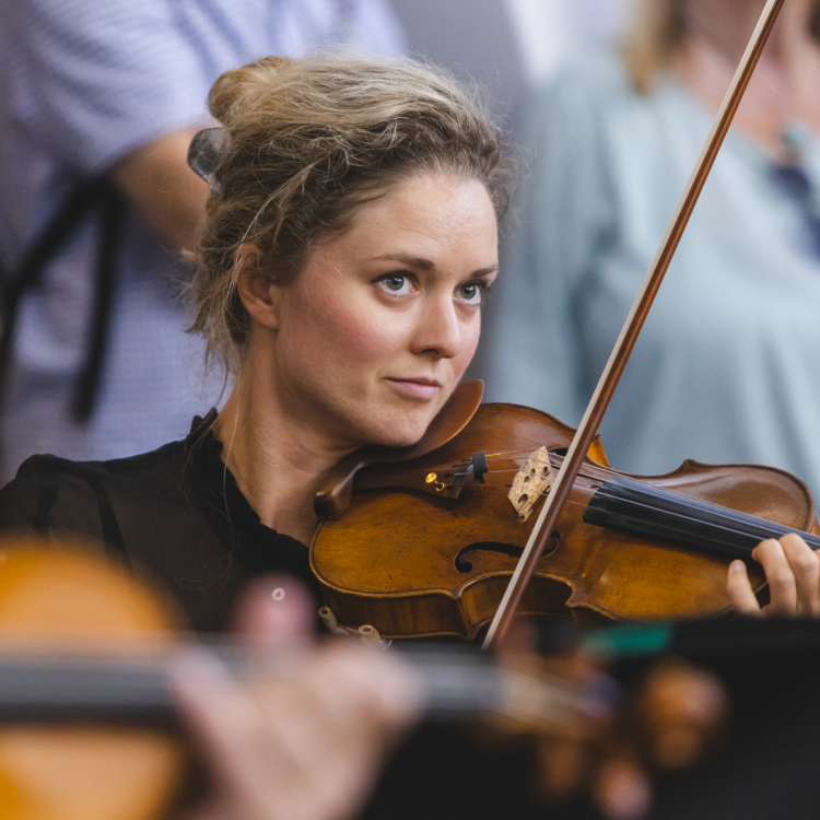 Bild på en kvinnligt violinist in action.