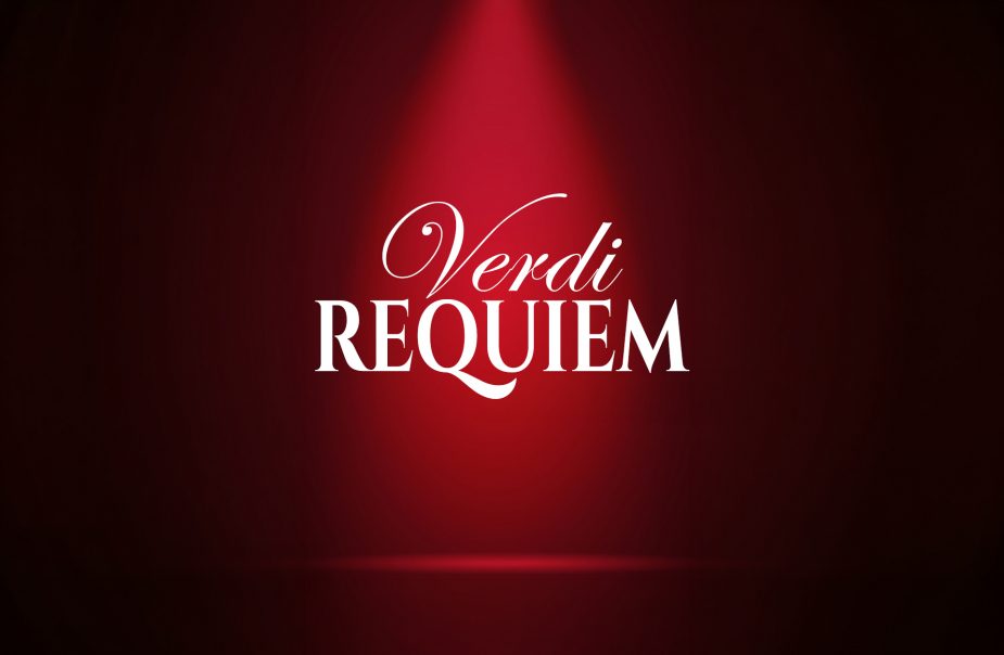 Mörkröd bakrund med texten Verdi Requiem skrivet i vitt